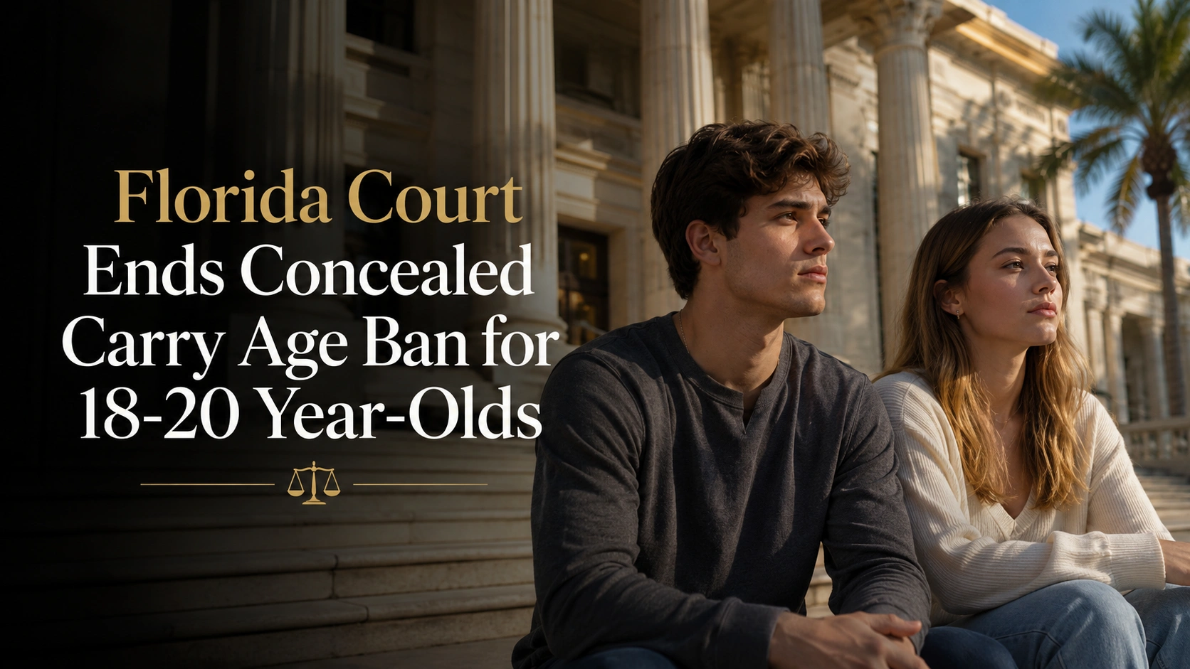 Florida court ruling ends concealed carry age ban for 18 to 20 year olds, with young adults outside a Florida courthouse representing Florida CWFL and concealed carry law changes
