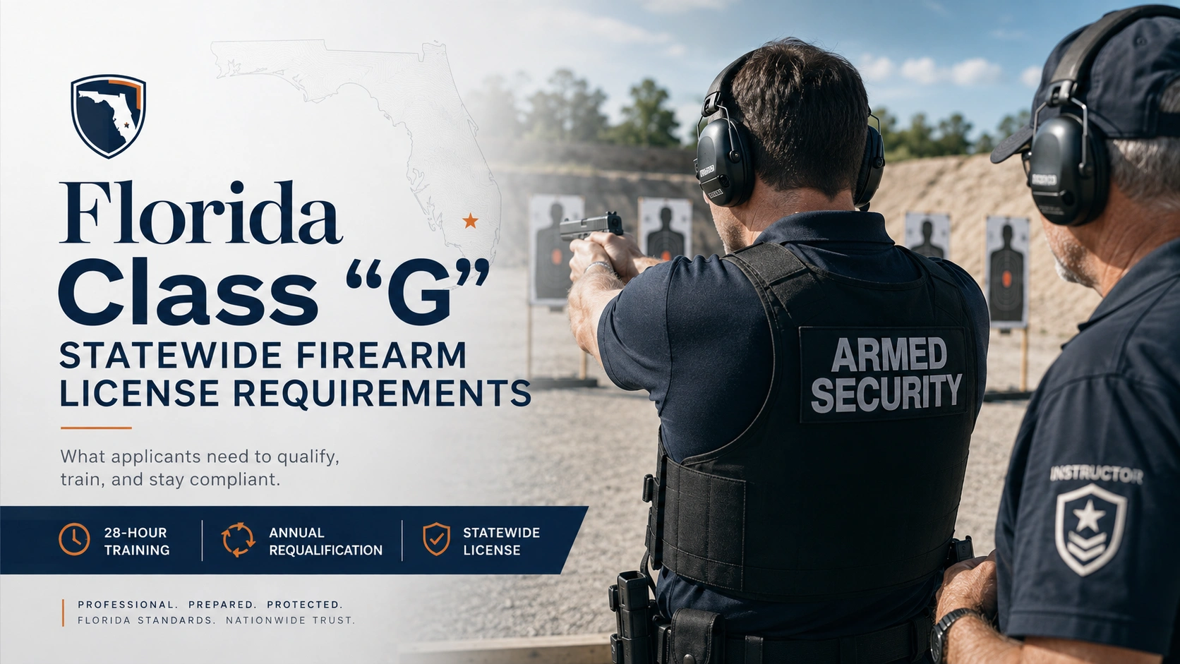 Armed security officer completing Florida Class G license range qualification during 28-hour FDACS firearms training